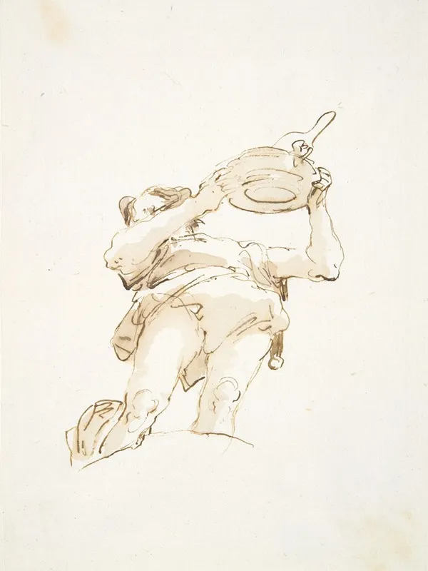 Male Figure Carrying A Tray With Fowl Seen From Below
