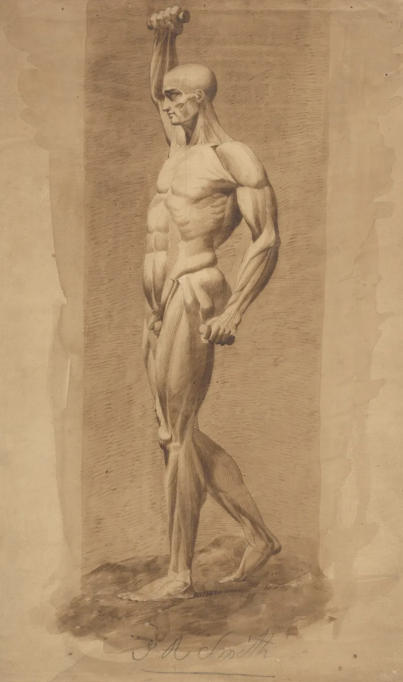 Male Figure Nude Hands Clutching Batons Right Arm Upraised Seen From Side