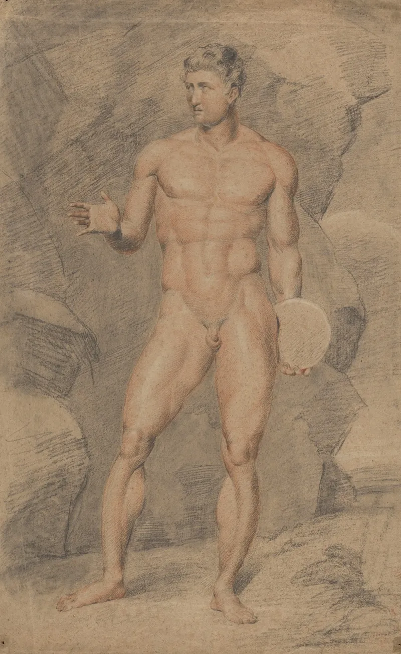 Male Figure Nude Holding Discus Right Arm Outstretched Seen From Front