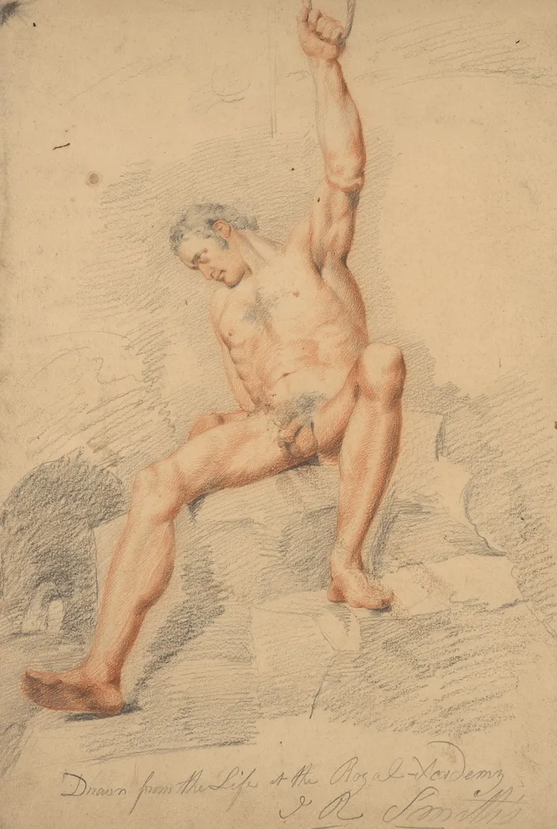 Male Figure Nude Seated Left Arm Upraised And Clutching Rope Seen From Front