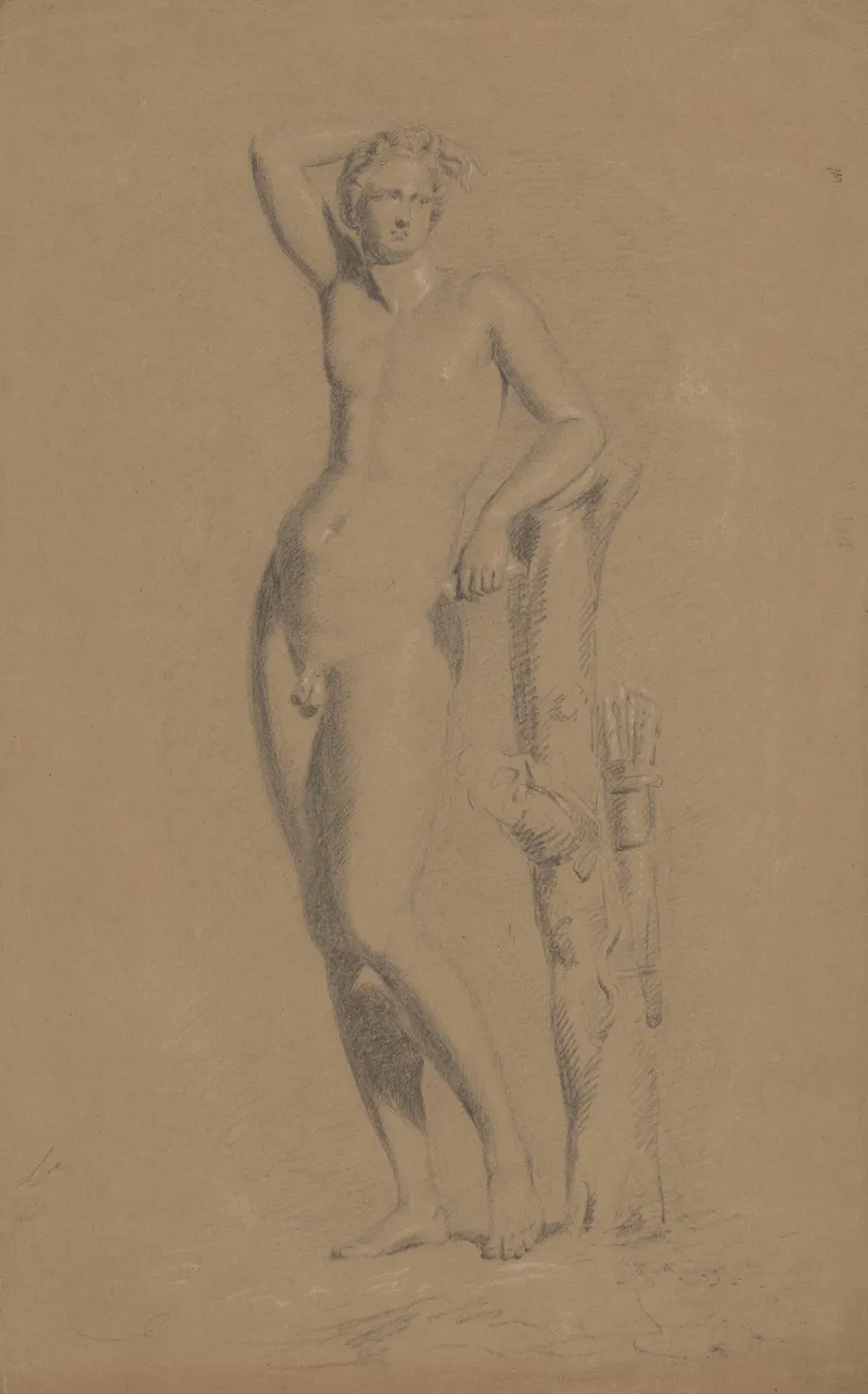 Male Figure Right Arm Upraised Leaning Against Tree Trunk Seen From The Front