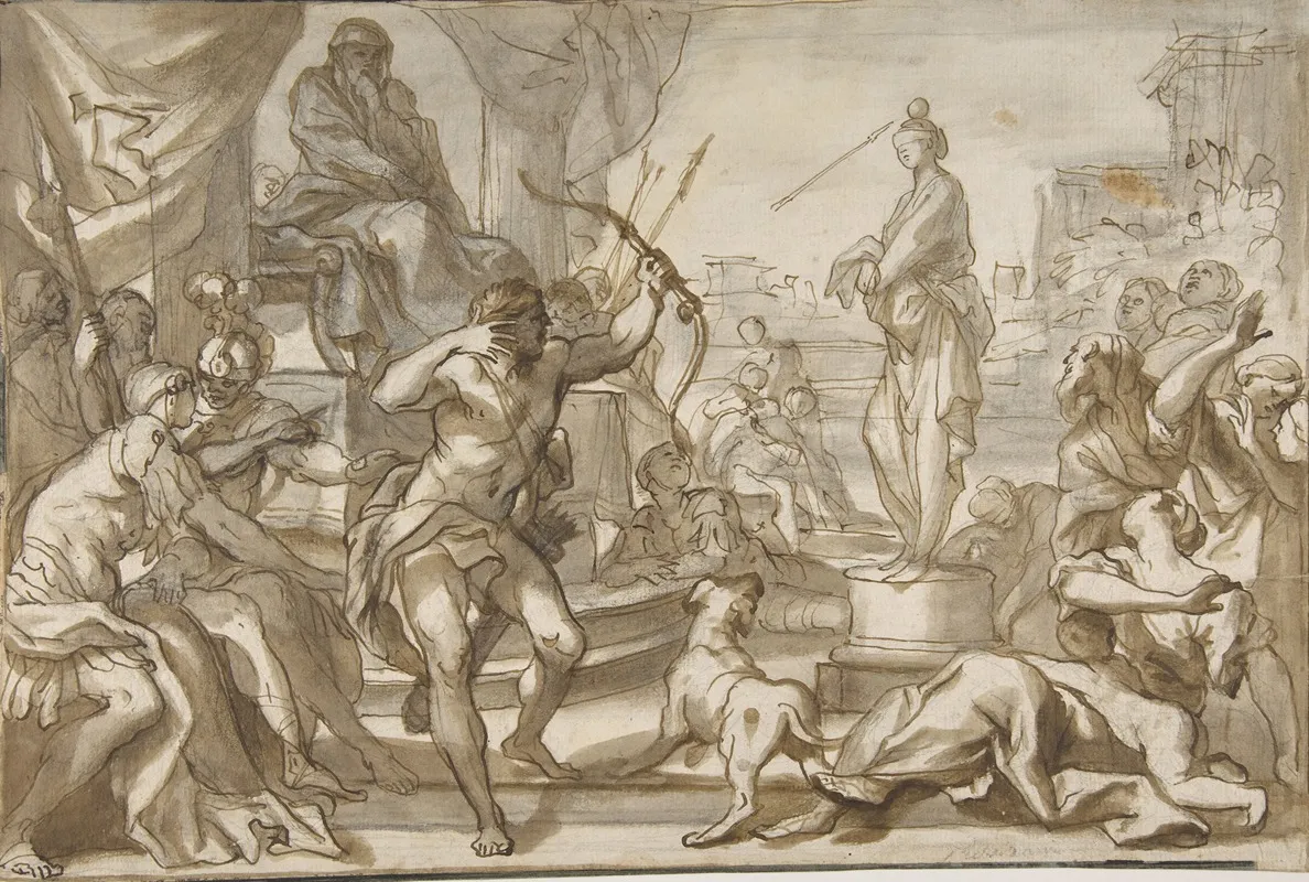 Male Figure With A Bow And Arrow Shooting At A Statue Of A Woman With A Ball On Her Head by Domenico Piola - Canvas Print