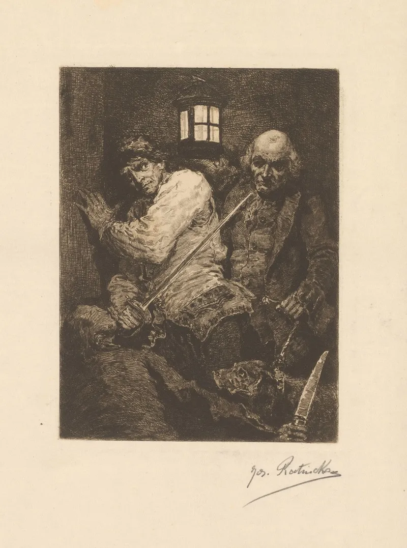 Man Defends Himself With A Sword Against A Man With Lantern And Dog by Jos Ratinckx - Canvas Print