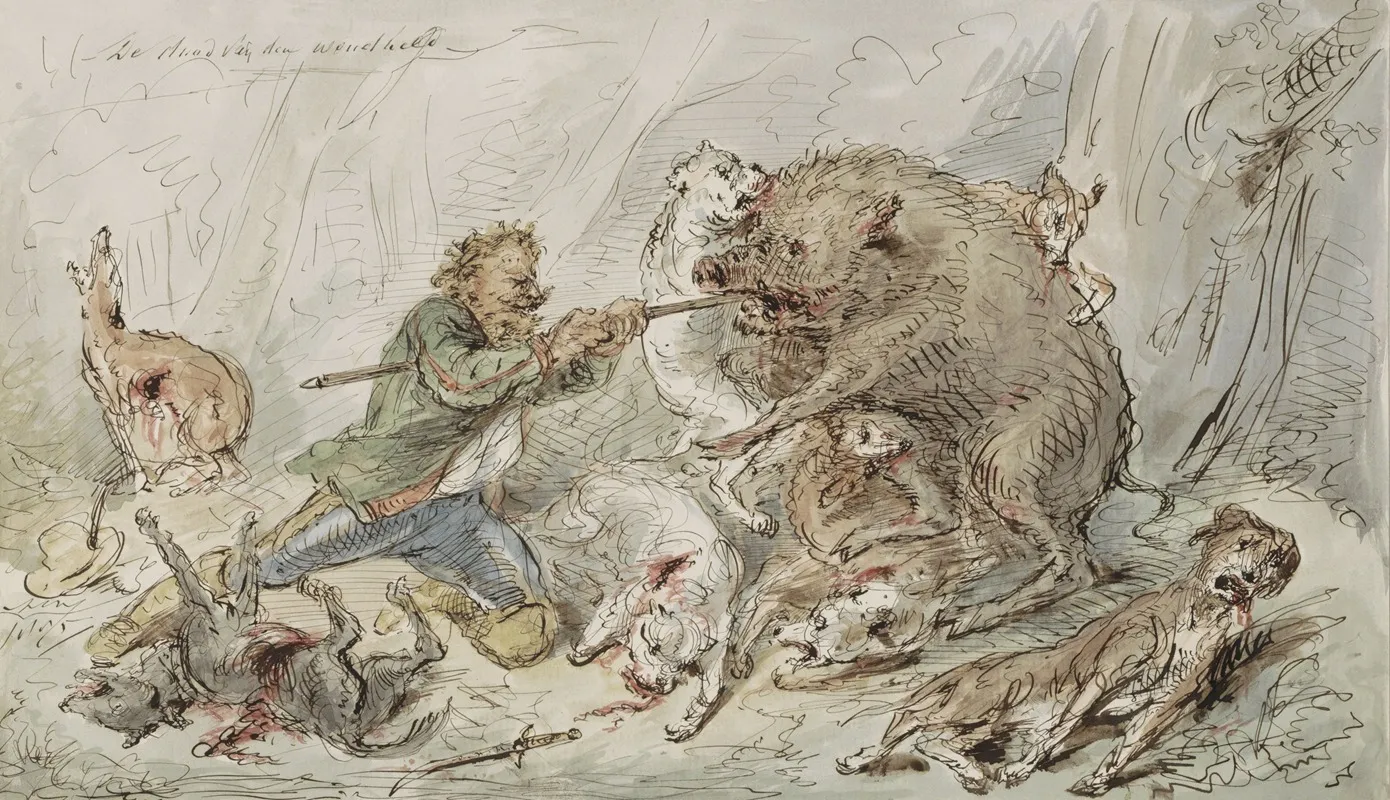 Man Die Een Wild Zwijn Doodt In Een Woud