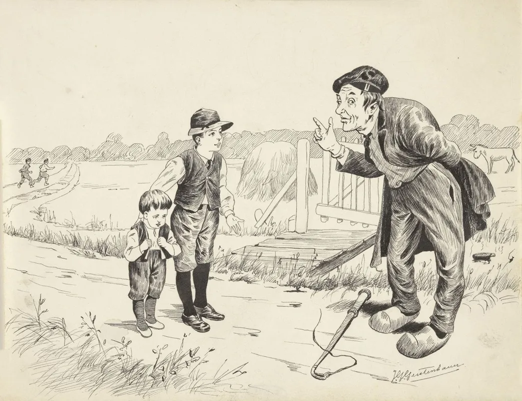 Man Gebarend Naar Twee Jongens In Een Landschap by Johan Georg Gerstenhauer Zimmerman - Canvas Print