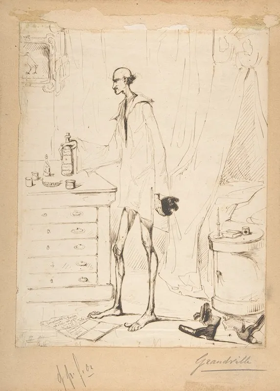 Man In A Nightshirt Reaching For A Bottle Labeled Fountain Of Youth