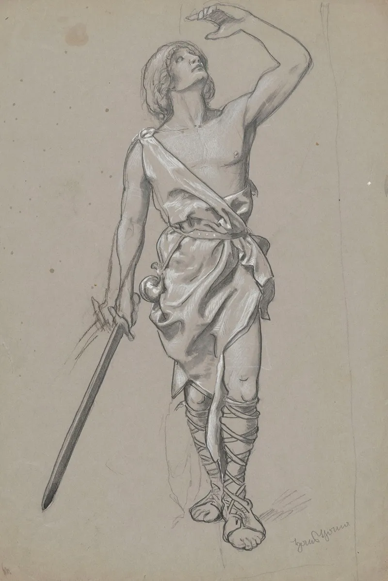 Man In A Robe With Uncovered Torso Hunting Horn By His Side And A Sword In His Right