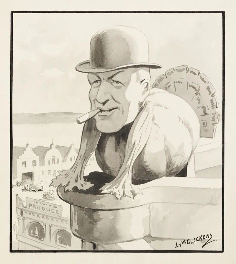 Man In Bowler Hat And Cigar Depicted As A Turkey Stares Out Over A Parapet by Louis Glackens - Canvas Print