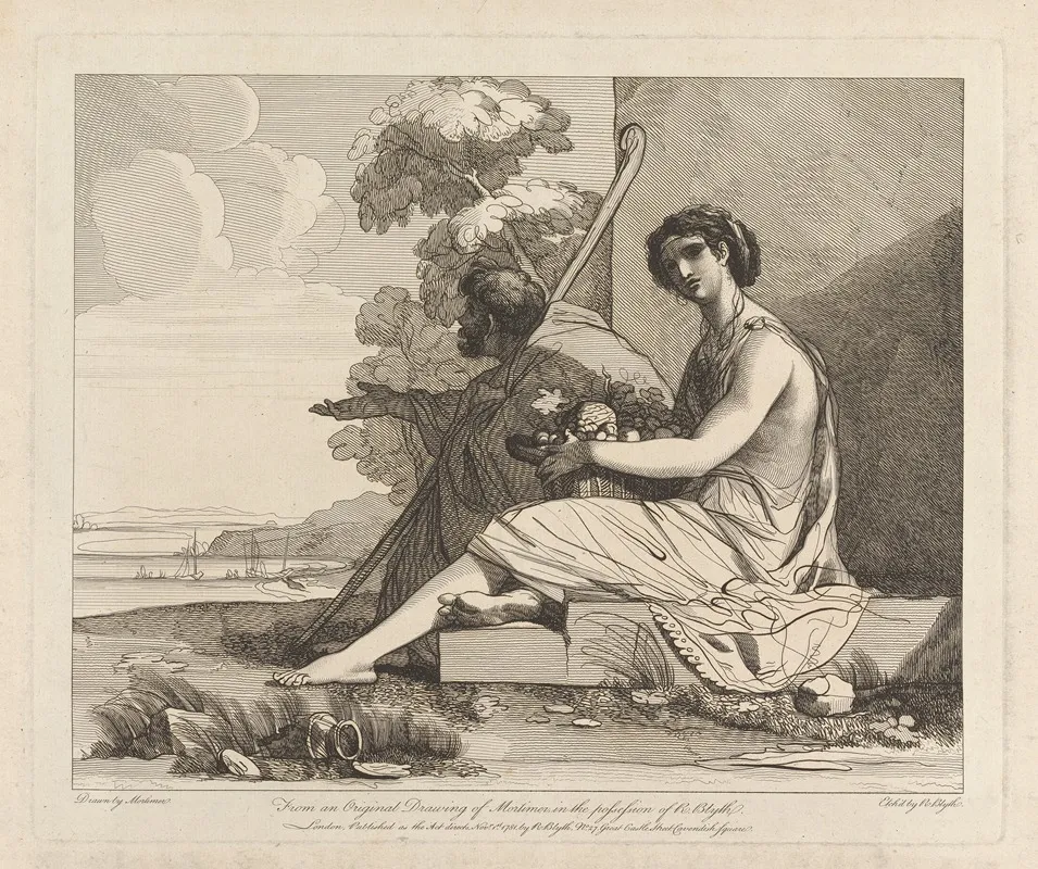 Man In Cloak And Woman With Fruit Seated Overlooking A Bay