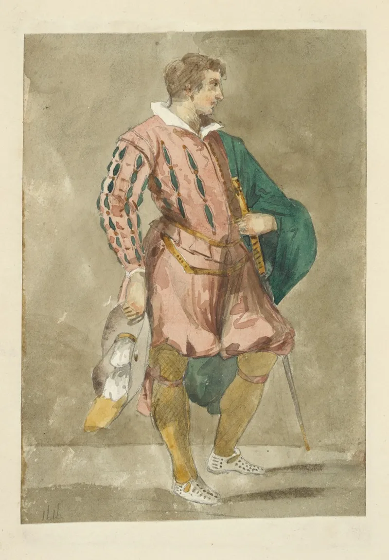 Man In Doublet Breeches Tights With Mantle Sword And Hat