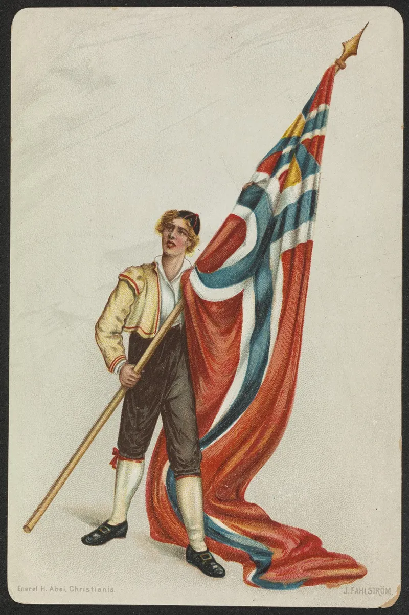 Man In Folk Costume Holding Flag by Johan Fahlstrøm - Canvas Print