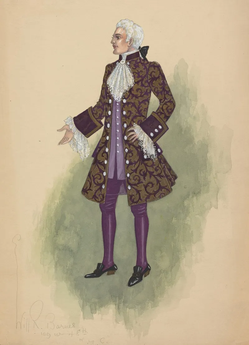 Man In Gold And Purple Brocade Justacorps Waistcoat And Breeches