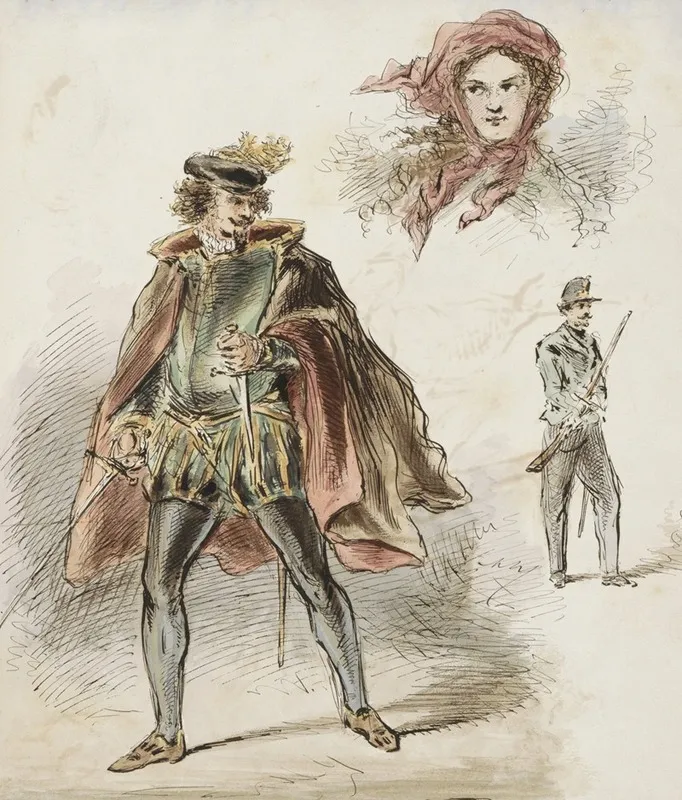 Man In Historisch Kostuum Een Vrouw Met Hoofddoek En Een Soldaat