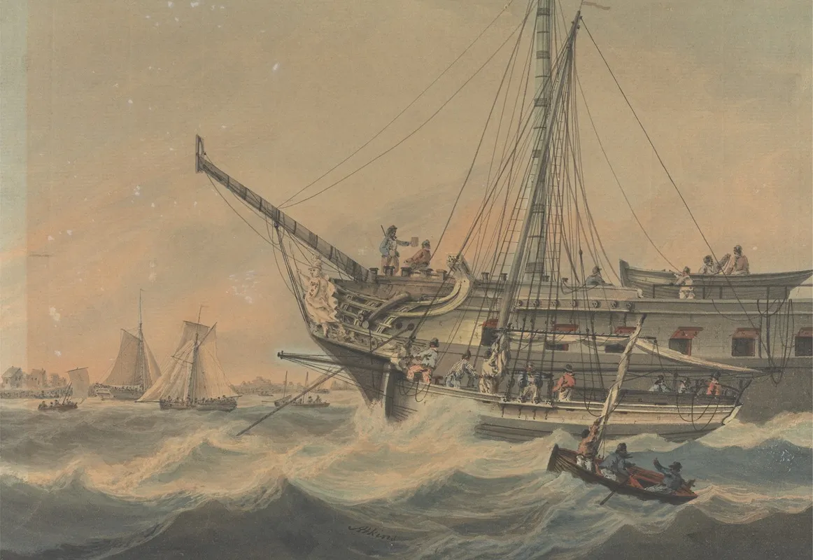 Man Of War And Shipping Off The Coast by Samuel Atkins - Canvas Print