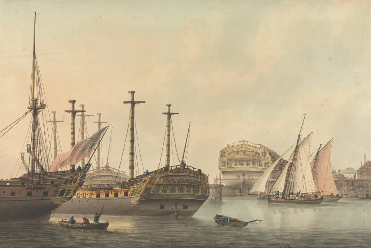 Man Of War Being Refitted by Samuel Atkins - Canvas Print