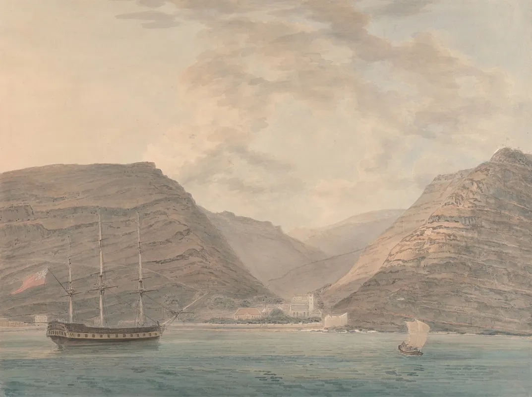 Man Of War Moored In Harbor Mountains In The Background
