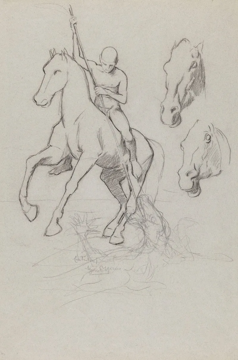Man On A Horse Slaying A Dragon Two Studies Of Horses Heads