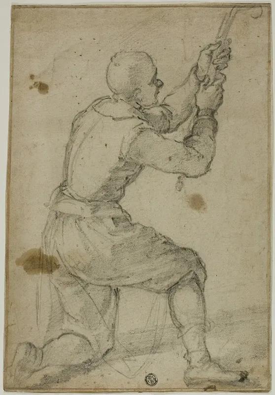Man On Bended Knee Pulling On Rope