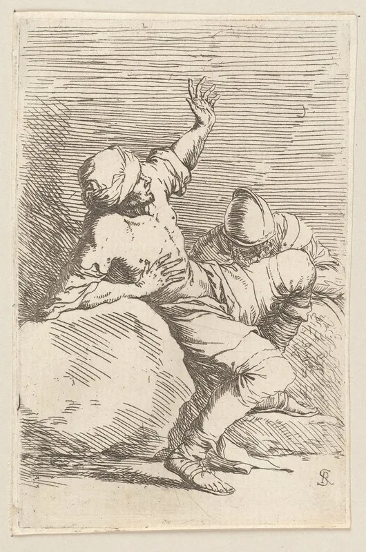 Man Pointing Upward And Soldier In Repose