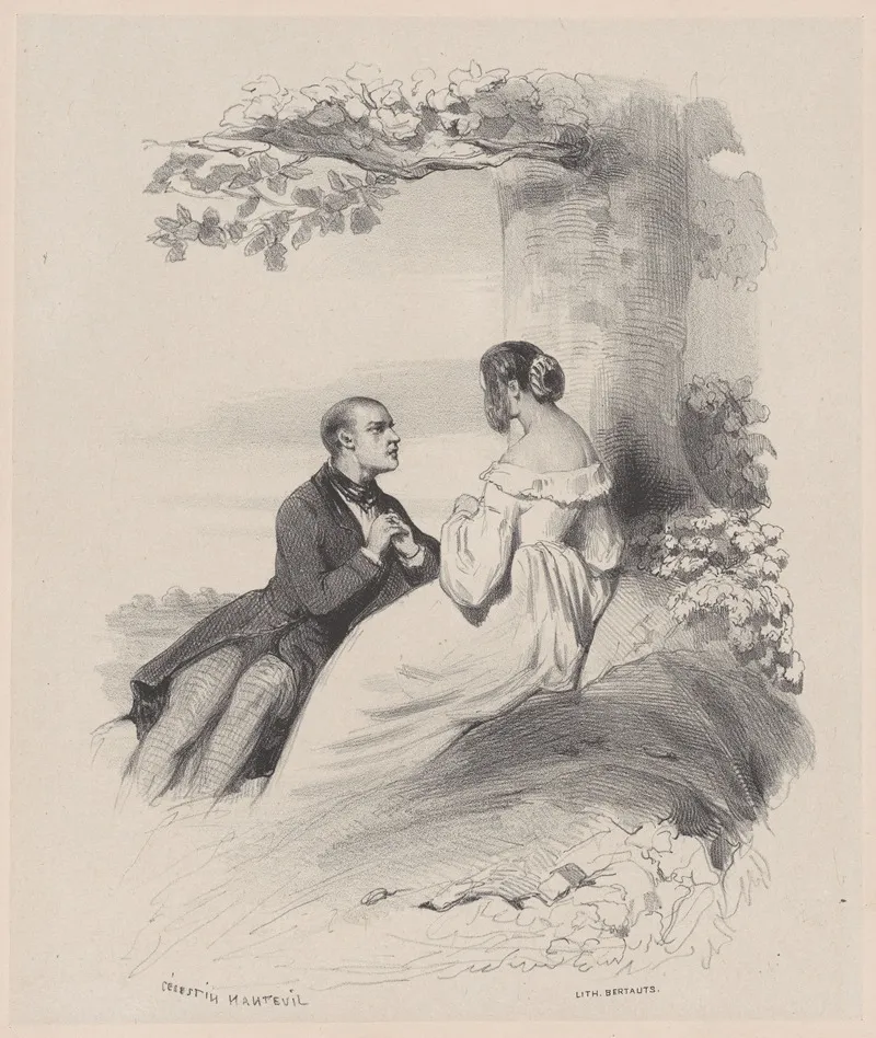 Man Proposing To A Woman Whose Face Is Hidden By Hair by Celestin Nanteuil - Canvas Print