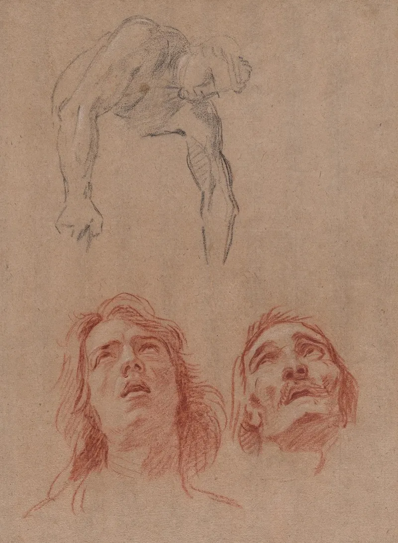 Man Reaching Down And Two Studies Of Heads Recto by Jean Jouvenet - Canvas Print