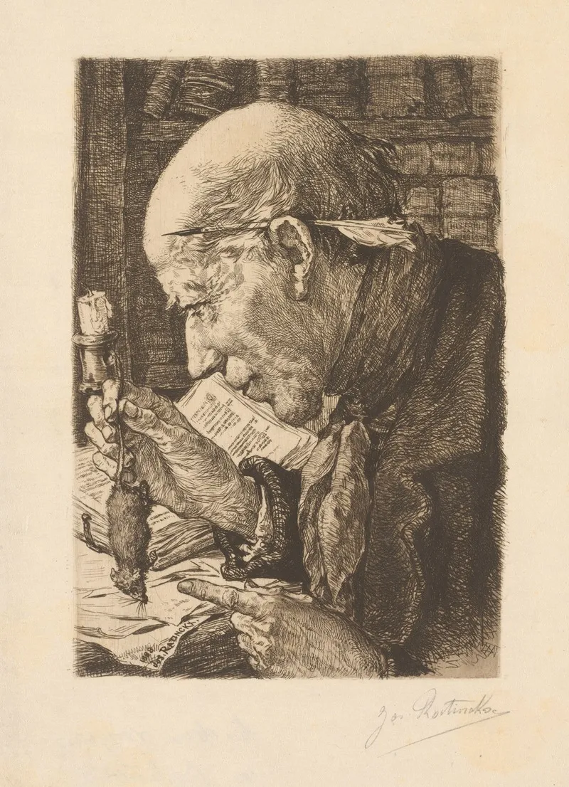 Man Seated In Front Of A Bookcase With A Quill Behind His Ear And A Mouse In His Hand by Jos Ratinckx - Canvas Print