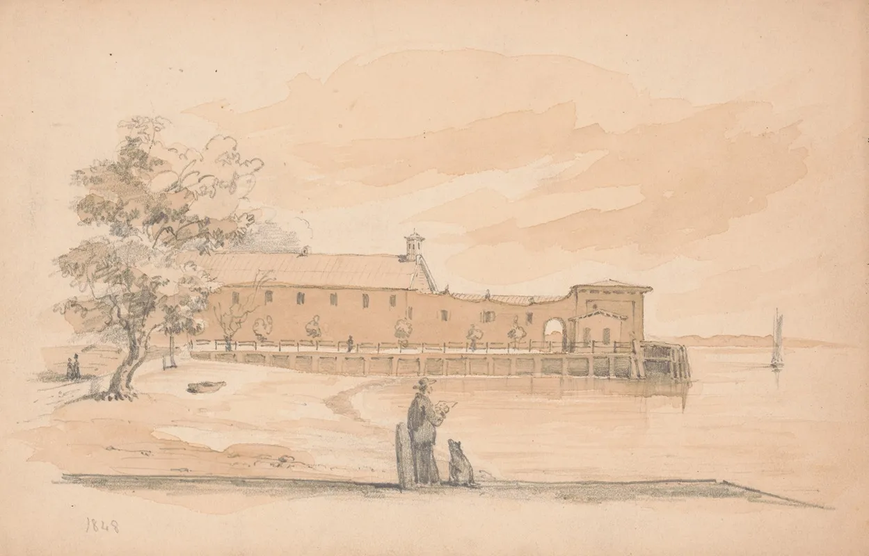 Man Sketching On A Wharf With A Dog Seated Next To Him
