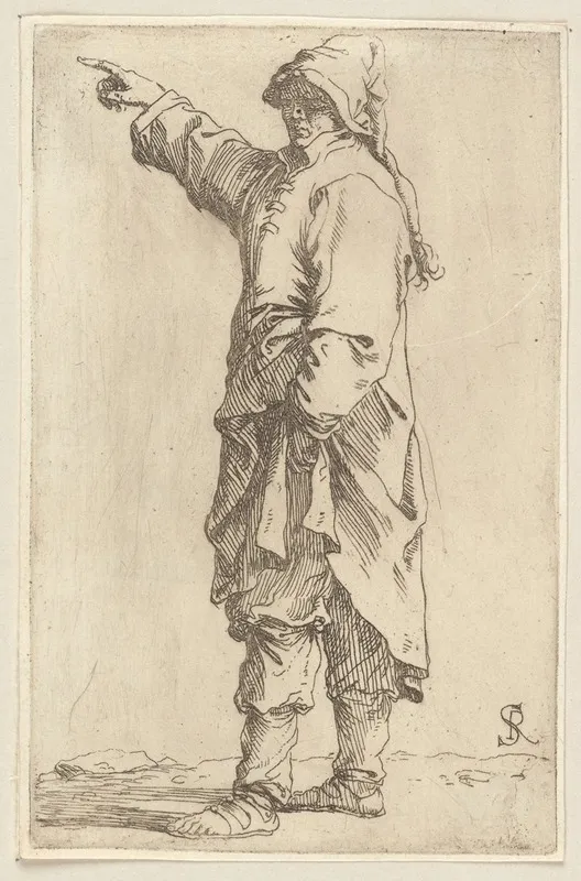 Man Standing With Arm Raised Pointing Toward The Left