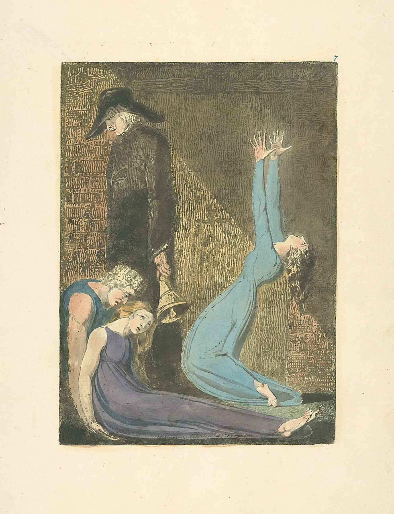Man Supporting Supine Woman Aged Man With Bell And Woman In Blue Dress Arms Raised In Suppliction