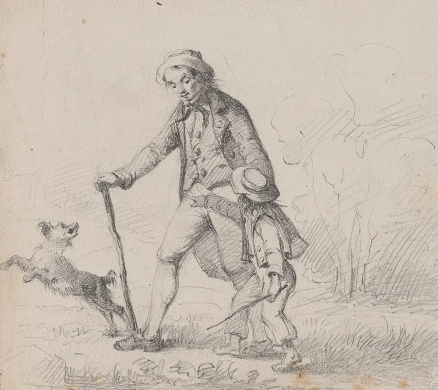 Man Walking With Barefoot Boy And Dog