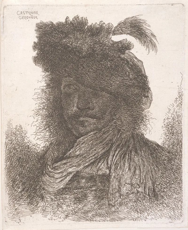 Man Wearing A Plumed Fur Cap And Scarf by Giovanni Benedetto Castiglione - Canvas Print