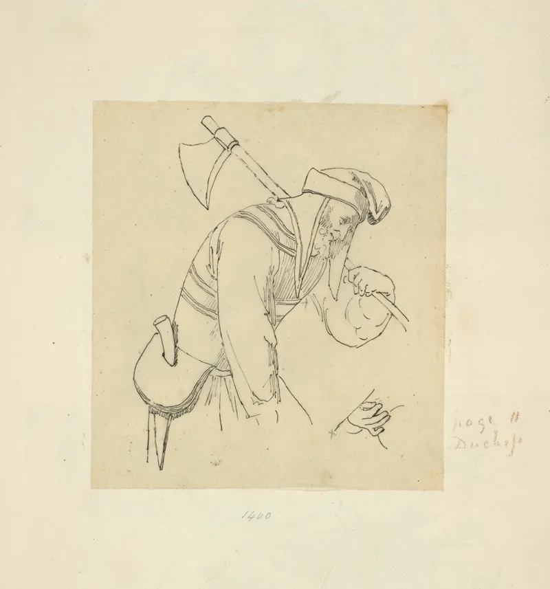 Man Wearing Bonnet With Ax And Knife Sheathed Within Purse Attached To His Belt