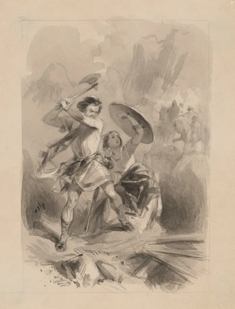 Man Wielding Ax And Woman Holding Shield