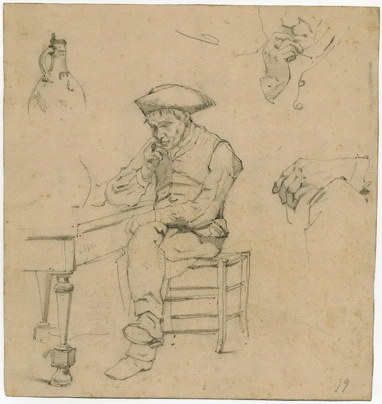 Man With A Pipe Sitting At A Table Study Of A Hand Smoking Man And A Jar