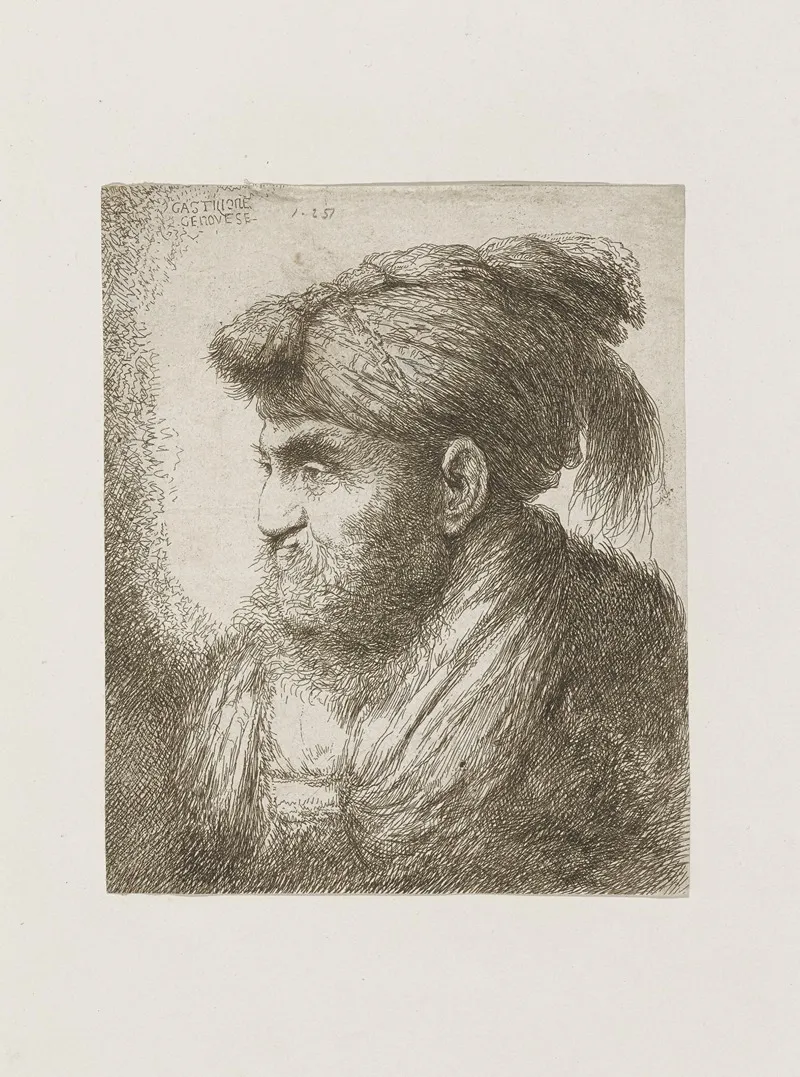 Man With Beard And Mustache Wearing A Tasseled Headdress by Giovanni Benedetto Castiglione - Canvas Print