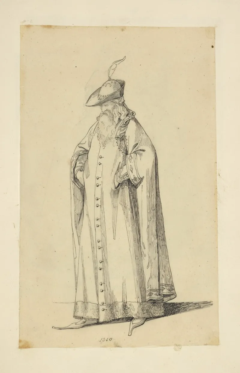 Man With Beard In Long Cape Hat With Plume And Pointed Shoes