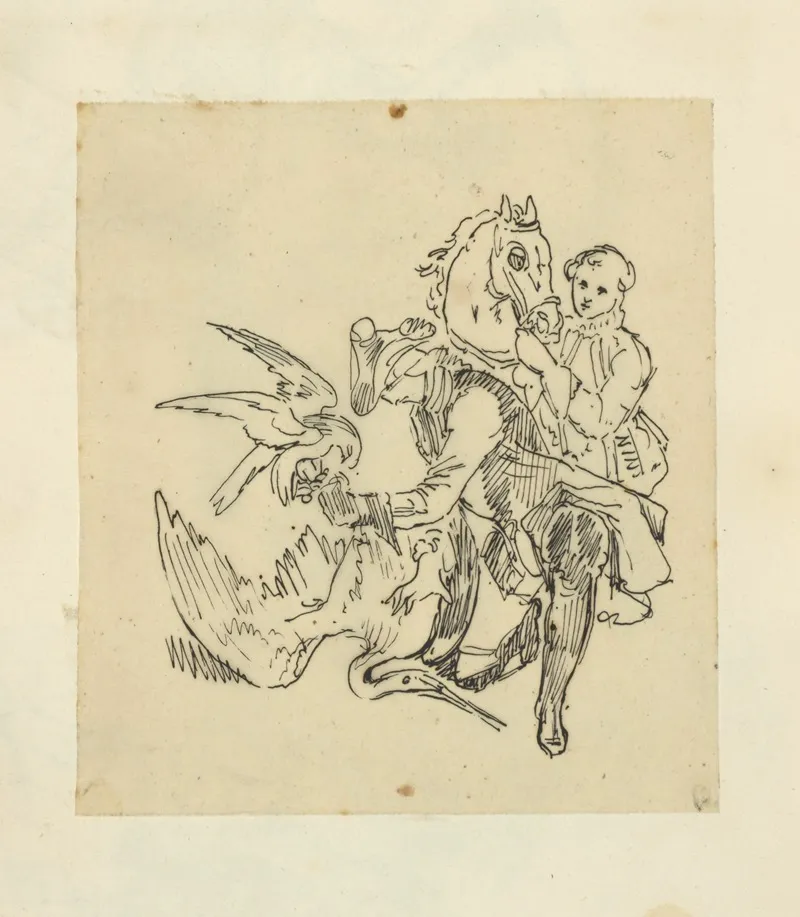 Man With Falcon Standing Over A Large Bird And Man With Horse