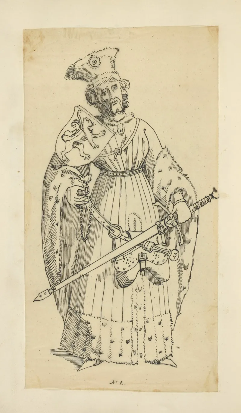 Man With Heraldic Shield Sword And Purse Hanging From Belt Wearing Fur Trimmed Coat And Fur Hat