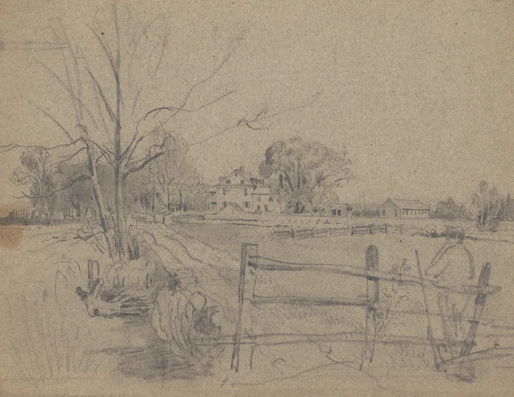 Man With Rifle Leaning Against Fence Near House With Outbuildings