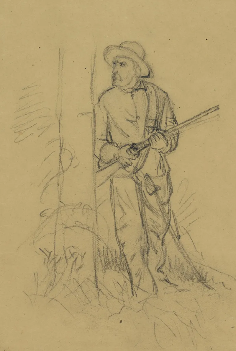 Man With Rifle Peering Around Tree