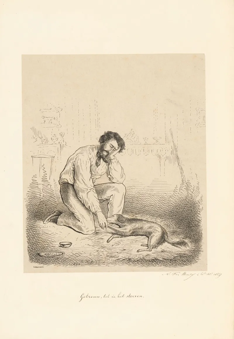 Man Zit Naast Stervende Hond by Alexander Ver Huell - Canvas Print
