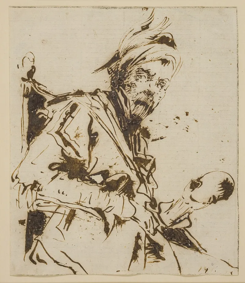 Mandlig Halvfigur Siddende I En Stol Med En Fjerprydet Hat Og Et Kranie I Sin Venstre Hand by Giuseppe Bernardino Bison - Canvas Print