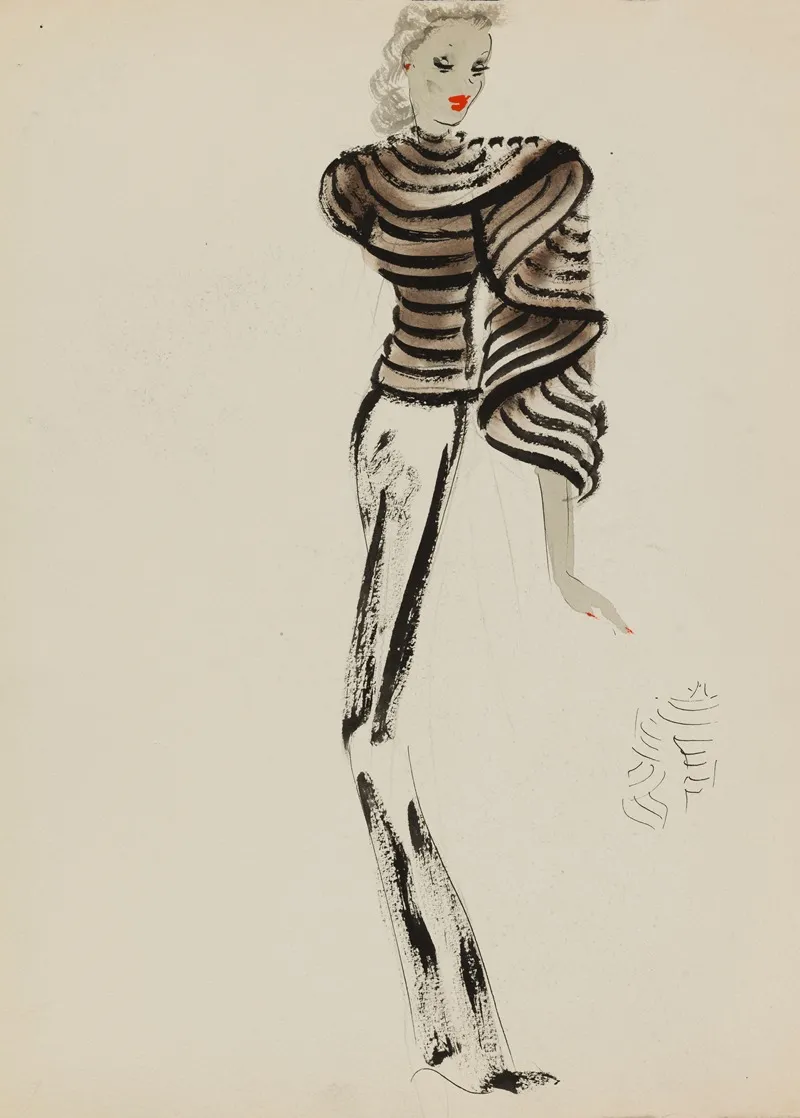 Manteau Court Travaille En Bandes Avec Effet De Drape Sur Un Cote by M. P. Leven - Canvas Print