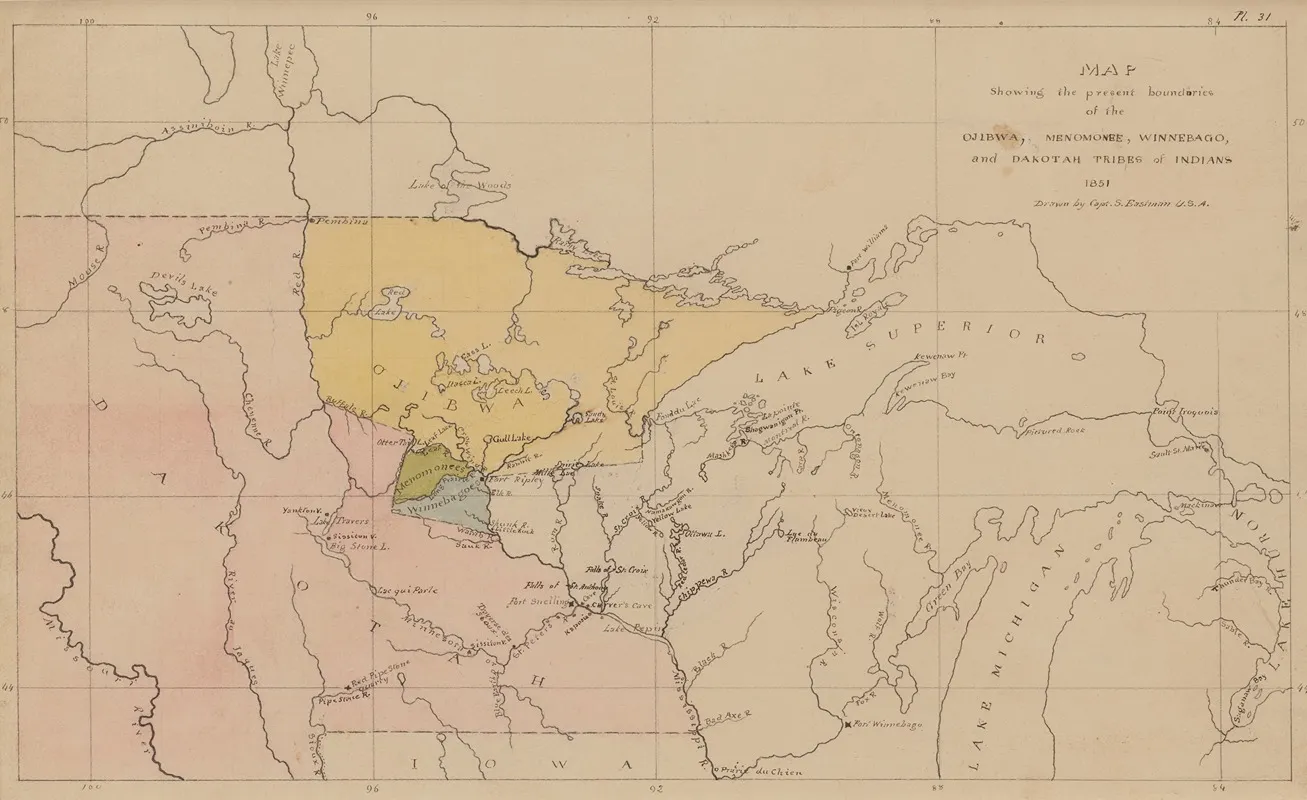 Map Showing The Present Boundaries Of The Ojibwa Menomonee Winnebago And Dakotah Tribes Of Indians 1851