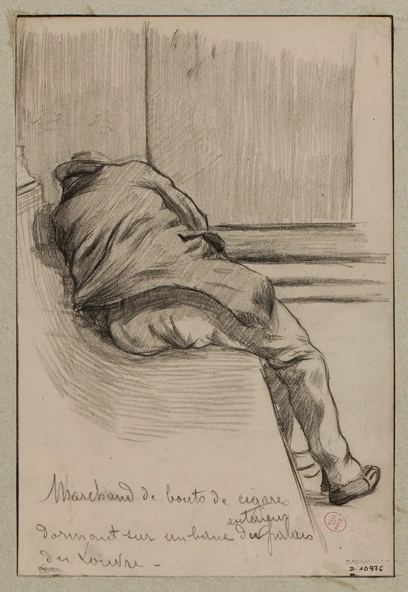 Marchand De Bouts De Cigares Dormant Sur Un Banc Exterieur Du Palais Du Louvre by F. Séguin - Canvas Print