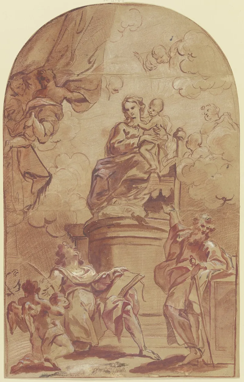 Maria Auf Dem Throne Dabei Der Heilige Paulus Und Der Heilige Matthaus Mit Dem Engel