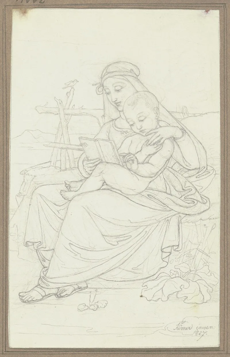 Maria Auf Einer Rasenbank Mit Dem Jesuskind Lesend