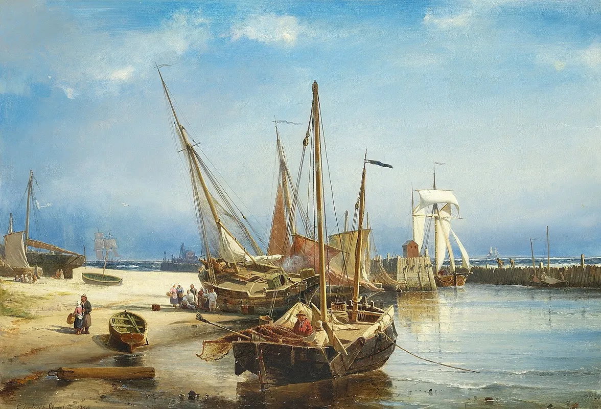Marine Med Optrukne Bade Pa Stranden by Carl Frederik Sørensen - Canvas Print