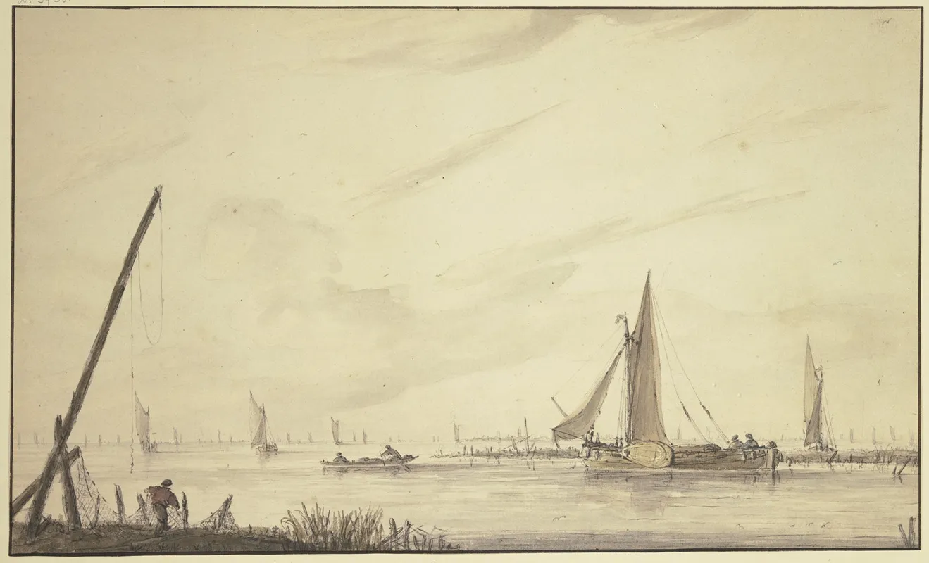 Marine Mit Vielen Schiffen Links Bei Einer Langen Signalstange Ein Fischer Mit Netzen by Jan van de Cappelle - Canvas Print