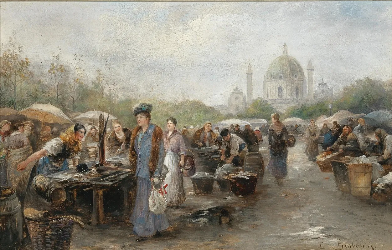 Market Before The Church Of St Charles Vienna by Emil Barbarini - Canvas Print
